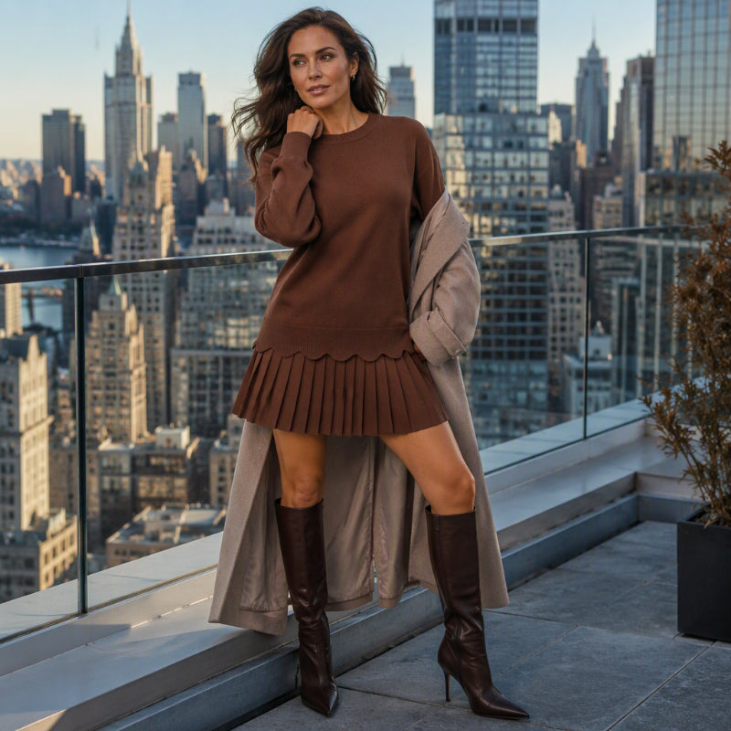 🏆 Bestseller – Extra Savings Now 👗 Women's Scallop Hem Sweater and Pleated Skirt Set ✨ scallop hem knit top, high waisted pleated skirt, 2 piece outfit set