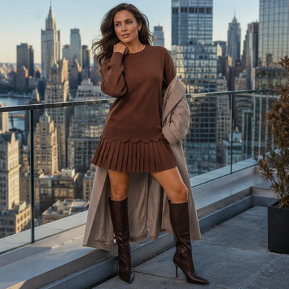 🏆 Bestseller – Extra Savings Now 👗 Women's Scallop Hem Sweater and Pleated Skirt Set ✨ scallop hem knit top, high waisted pleated skirt, 2 piece outfit set
