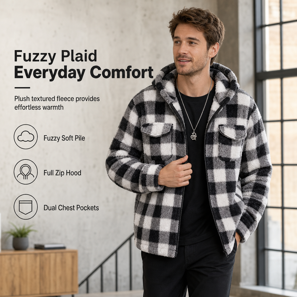 🧥 Men's Plaid Fuzzy Hooded Zip-Up Coat with Dual Flap Chest Pockets ✨ fuzzy plush lining, plaid print, hooded zip coat with chest pockets