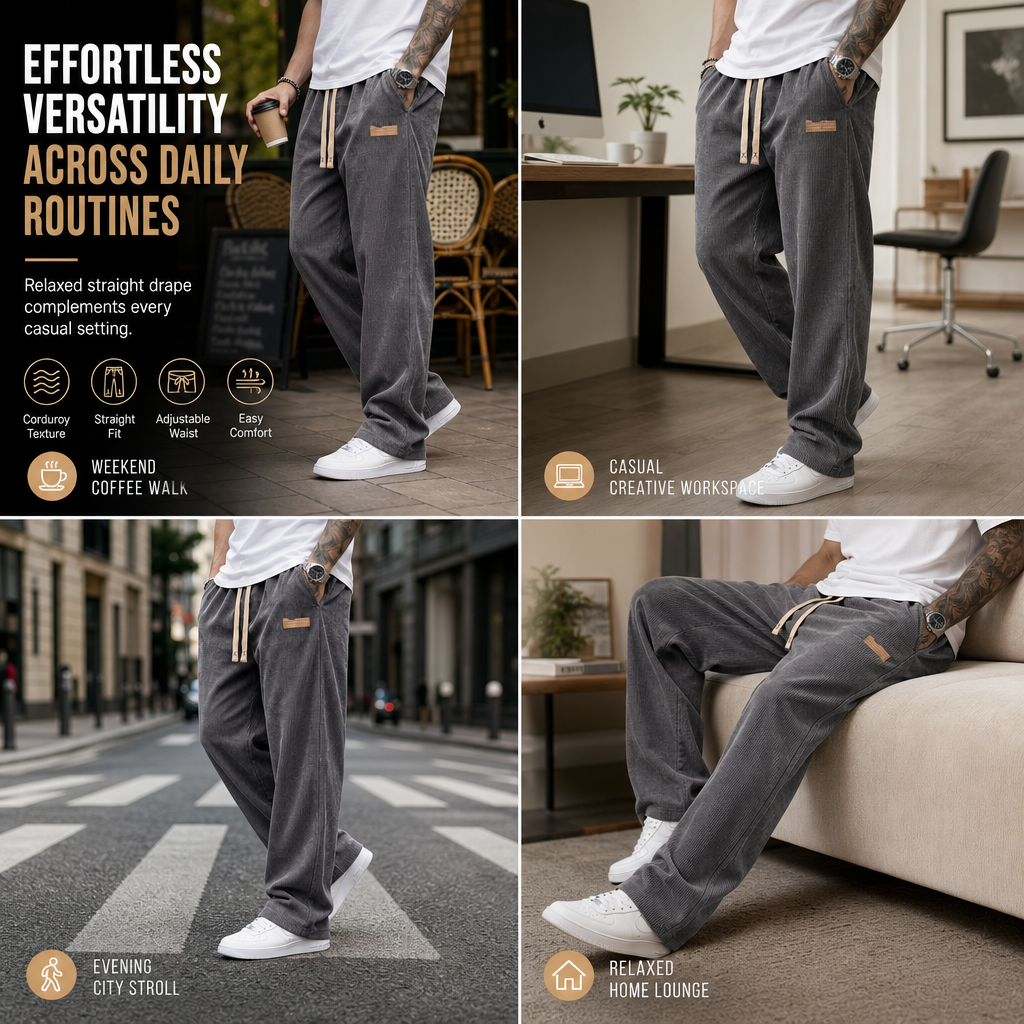 Men's Lightweight Corduroy Casual Pants Loose Fit Straight Leg Trousers