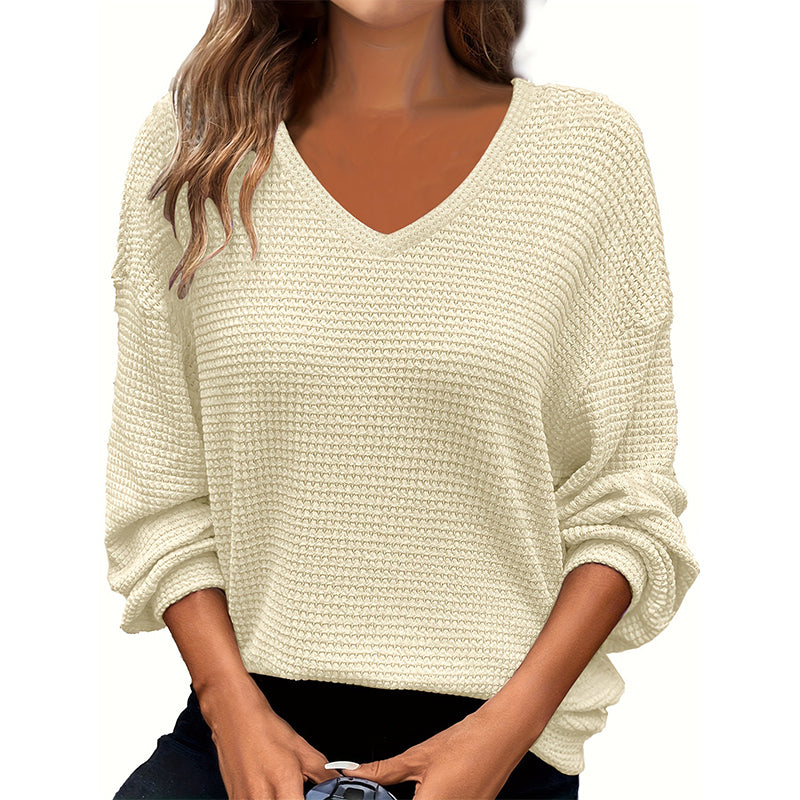 Women's Casual V-Neck Waffle Knit Top