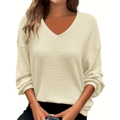 Women's Casual V-Neck Waffle Knit Top