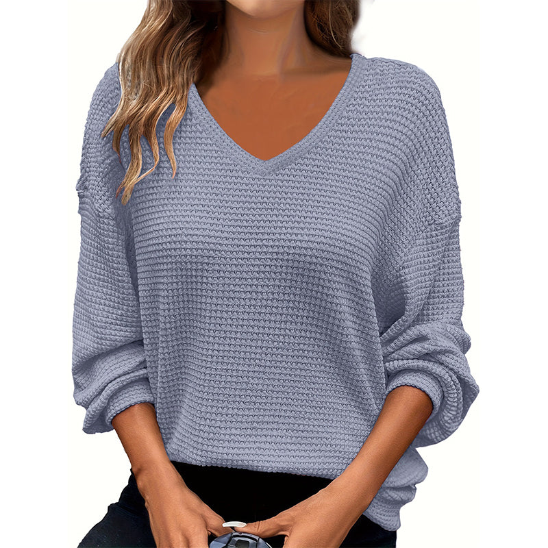 Women's Casual V-Neck Waffle Knit Top
