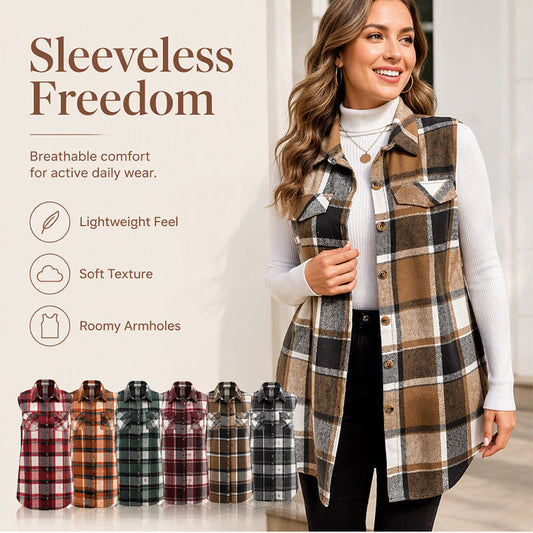 Women's Plaid Button Down Vest Shirt with Pockets