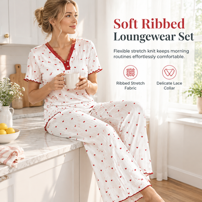 Women's Printed Pajama Set Short Sleeve Top and Long Pants Comfortable Stretchy Loungewear