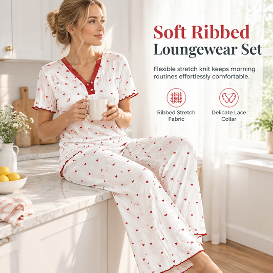 Women's Printed Pajama Set Short Sleeve Top and Long Pants Comfortable Stretchy Loungewear
