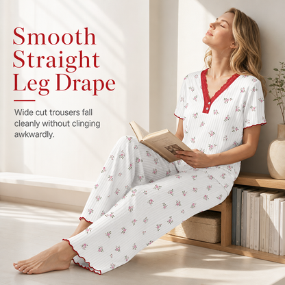 Women's Printed Pajama Set Short Sleeve Top and Long Pants Comfortable Stretchy Loungewear