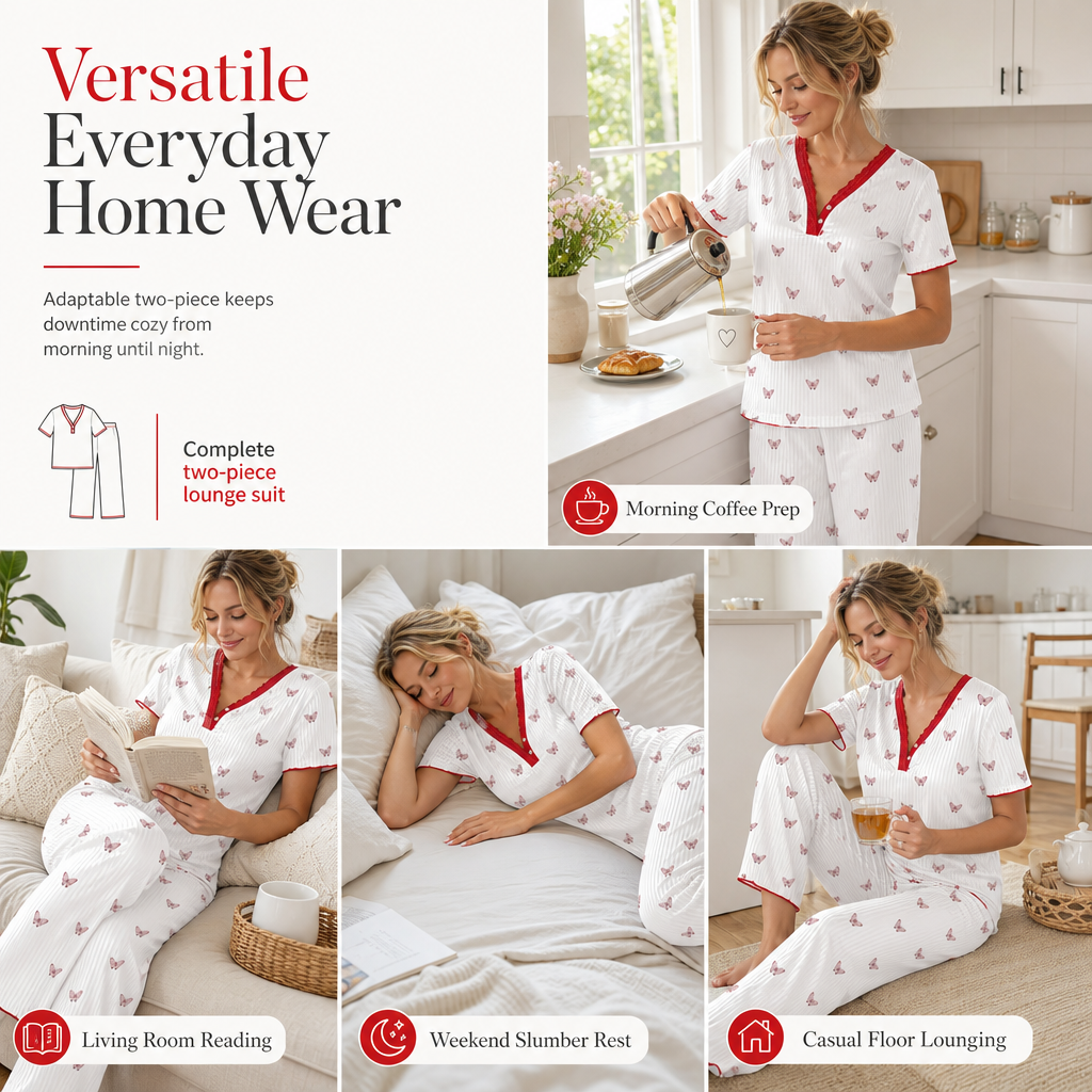 Women's Printed Pajama Set Short Sleeve Top and Long Pants Comfortable Stretchy Loungewear