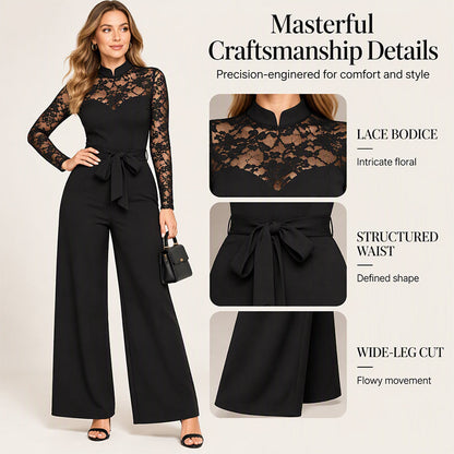 Women's Elegant Lace Patchwork Belted Jumpsuit