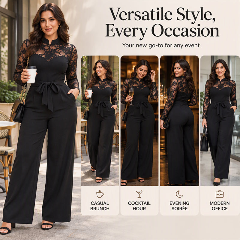 Women's Elegant Lace Patchwork Belted Jumpsuit