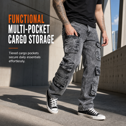 👖 Retro Washed Wide Leg Cargo Jeans Y2K High Street Denim Pants with Pockets