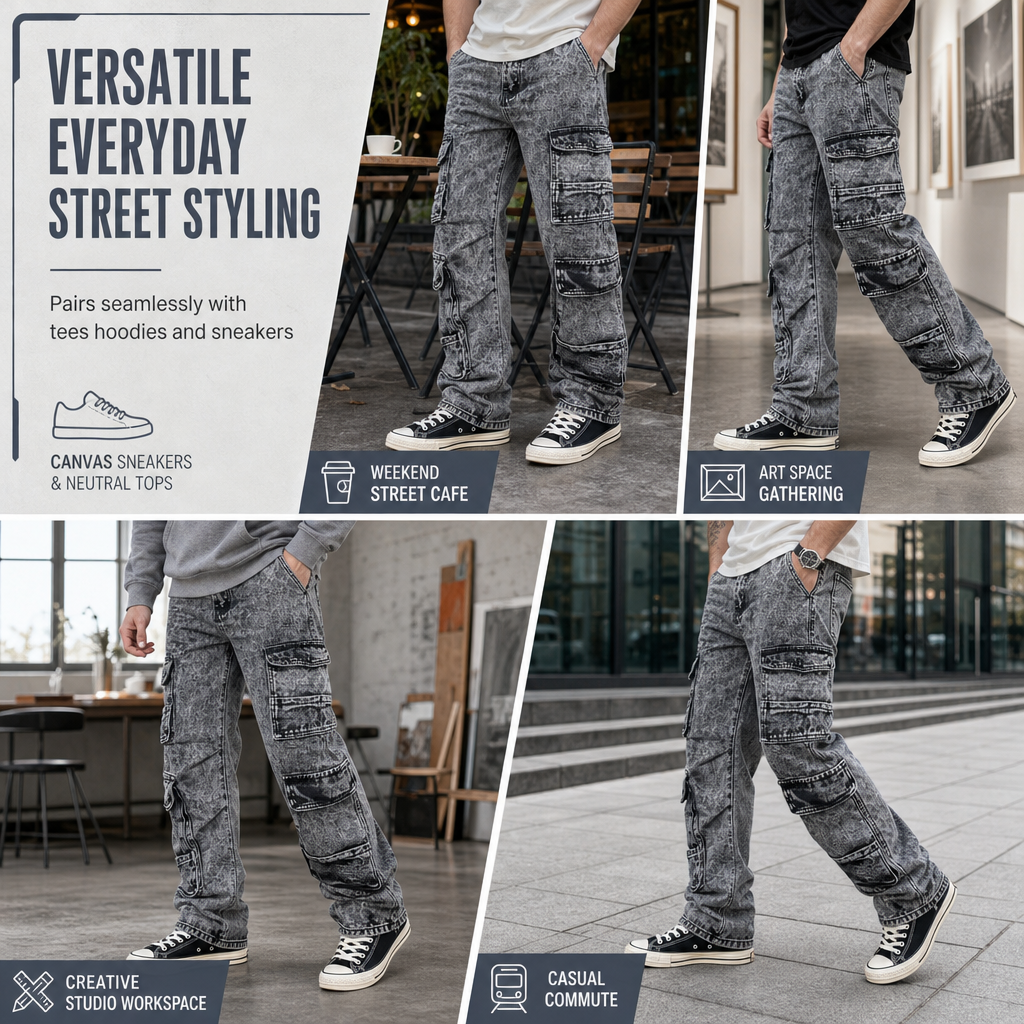 👖 Retro Washed Wide Leg Cargo Jeans Y2K High Street Denim Pants with Pockets