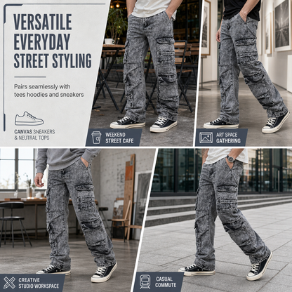 👖 Retro Washed Wide Leg Cargo Jeans Y2K High Street Denim Pants with Pockets