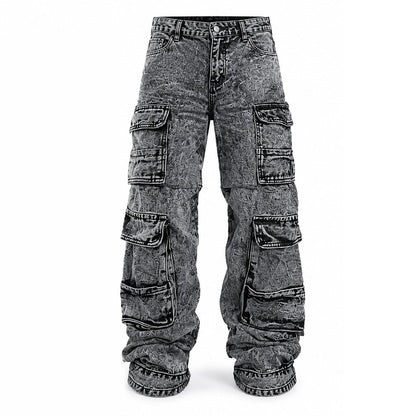 👖 Retro Washed Wide Leg Cargo Jeans Y2K High Street Denim Pants with Pockets