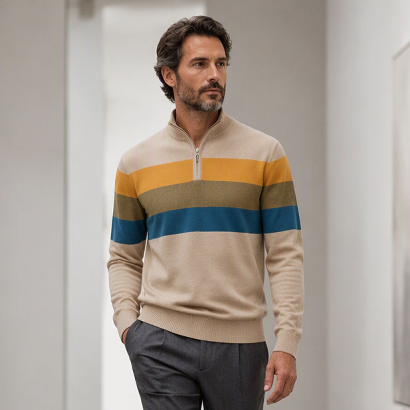 Men's Casual Slim Fit Half-Zip Striped Sweater