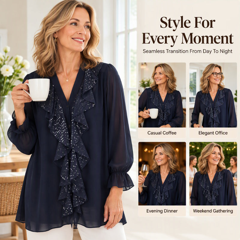 Women's V-Neck Sequin Spliced Chiffon Top