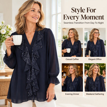 Women's V-Neck Sequin Spliced Chiffon Top
