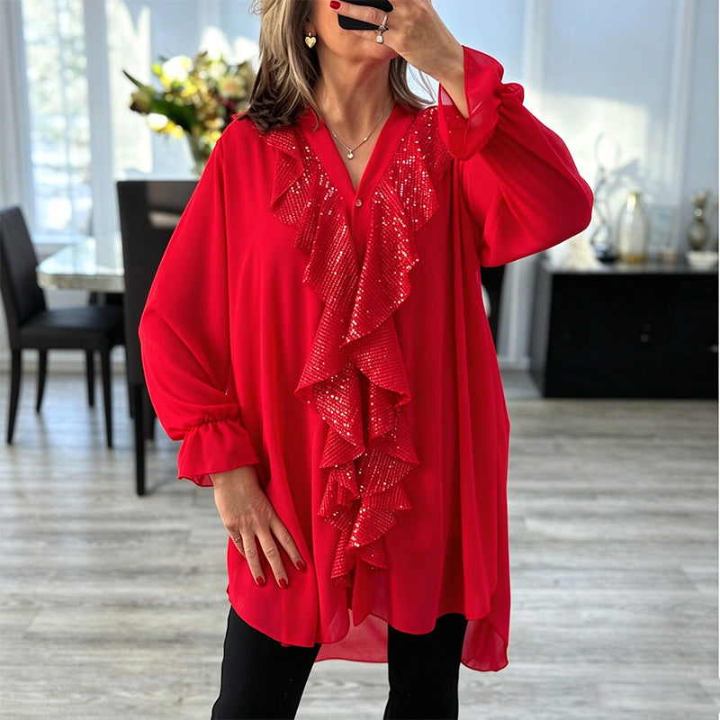 Women's V-Neck Sequin Spliced Chiffon Top