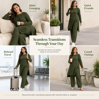 Women's Rib Knit Long Sleeve High Slit Tunic and Pants Two Piece Set