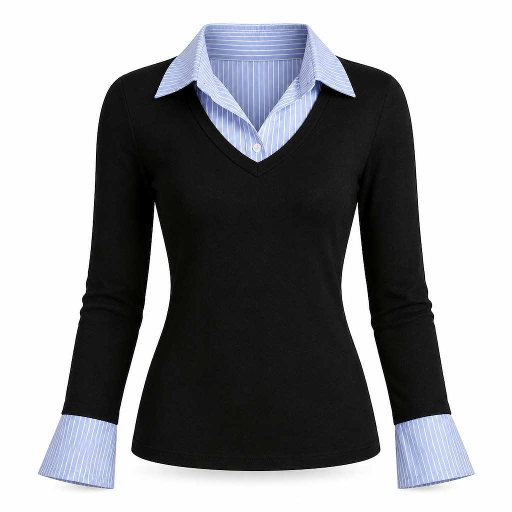 🌸Hot Sale 50% OFF💖Womens Striped Faux Two Piece Long Sleeve Knit Sweater - Slim Fit