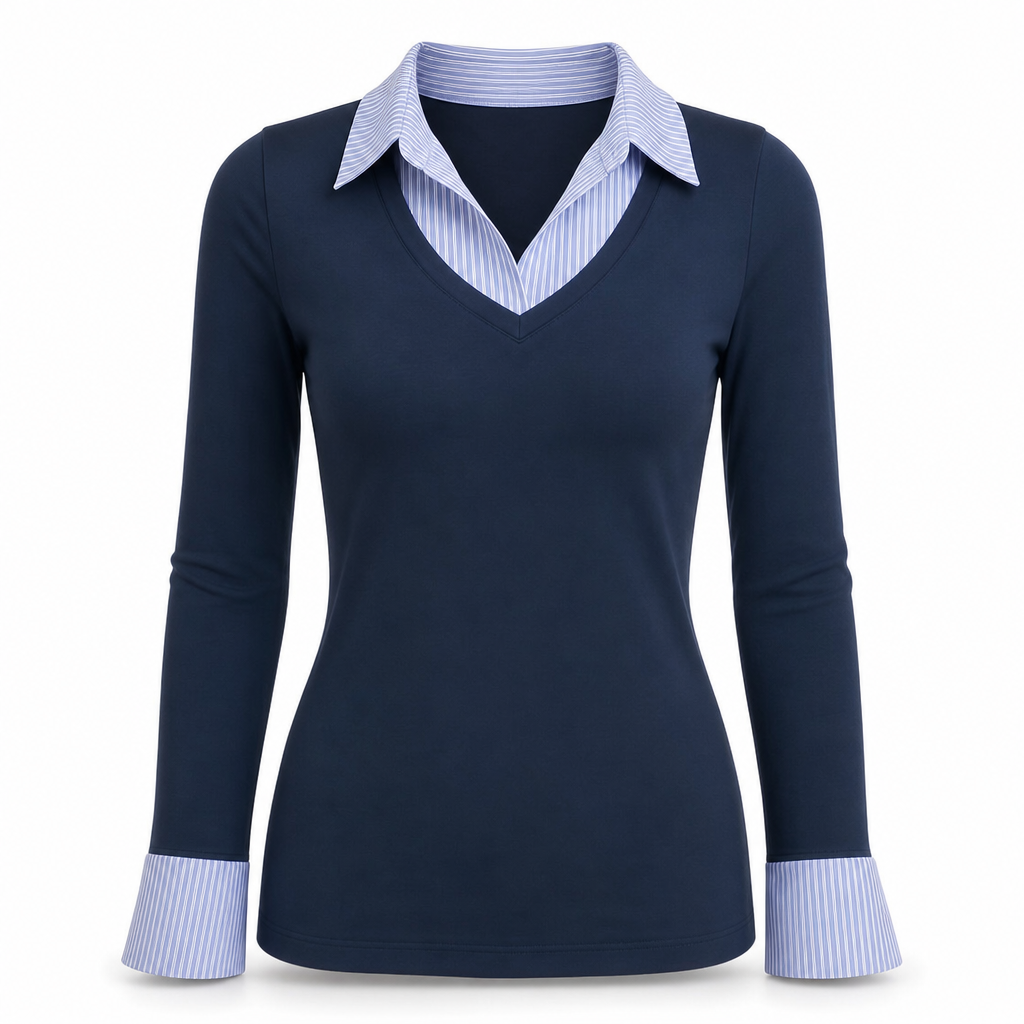 🌸Hot Sale 50% OFF💖Womens Striped Faux Two Piece Long Sleeve Knit Sweater - Slim Fit