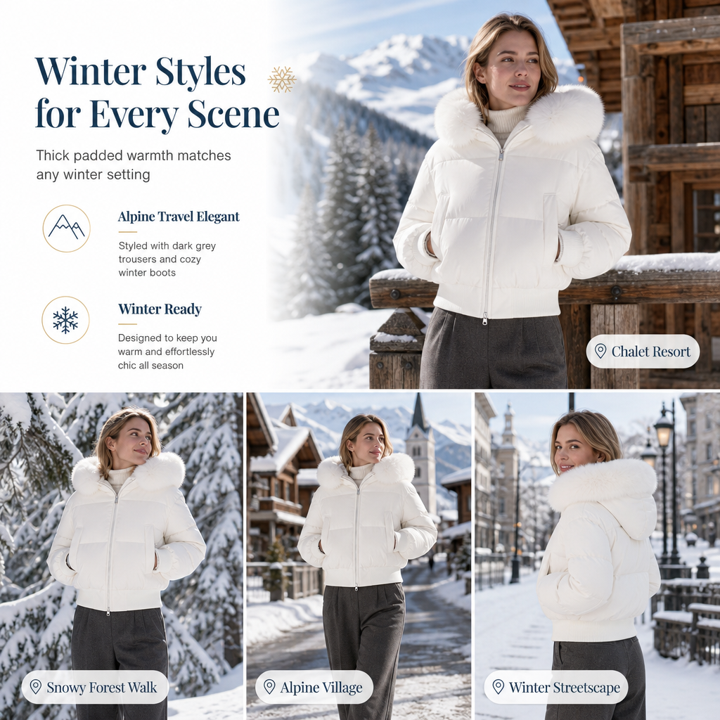 Women's Winter Short Hooded Padded Coat with Fur Collar