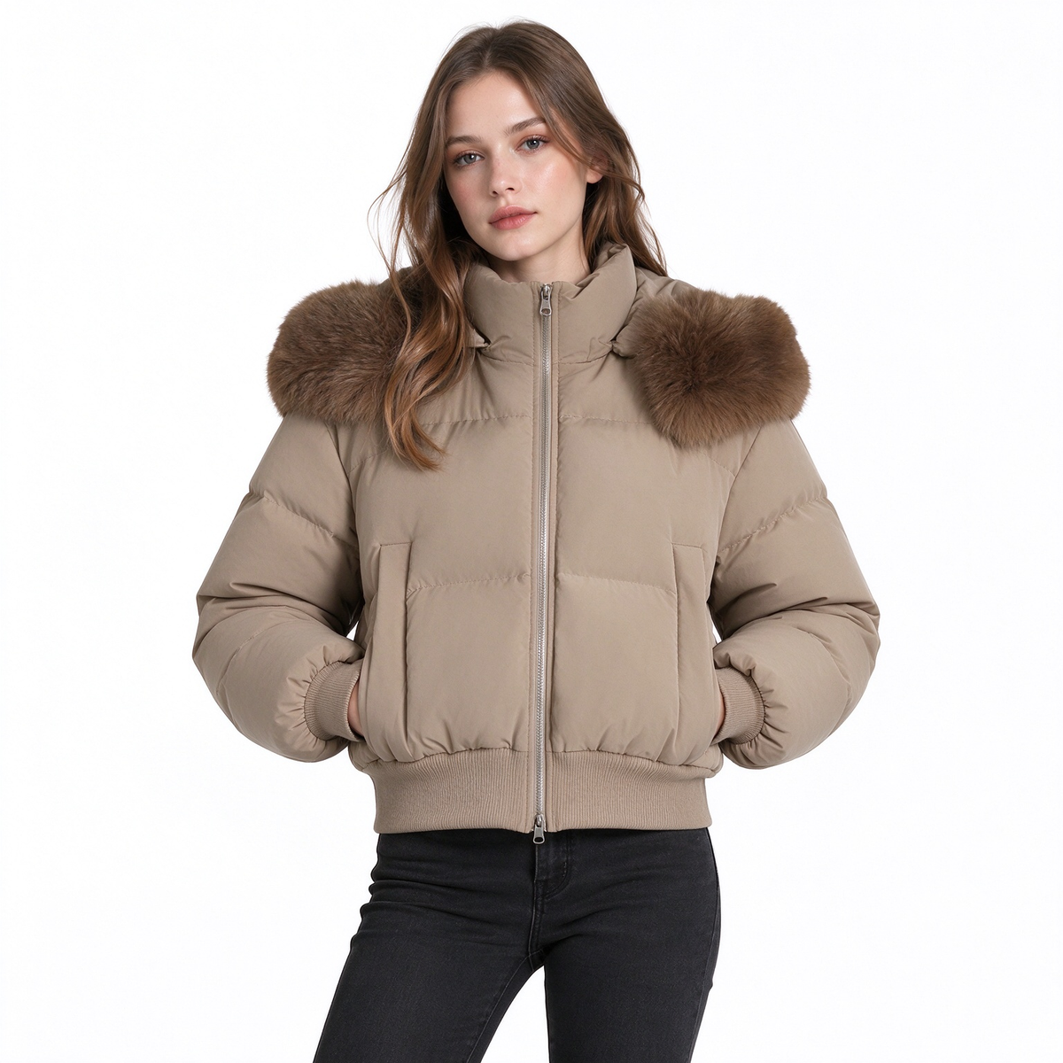 Women's Winter Short Hooded Padded Coat with Fur Collar