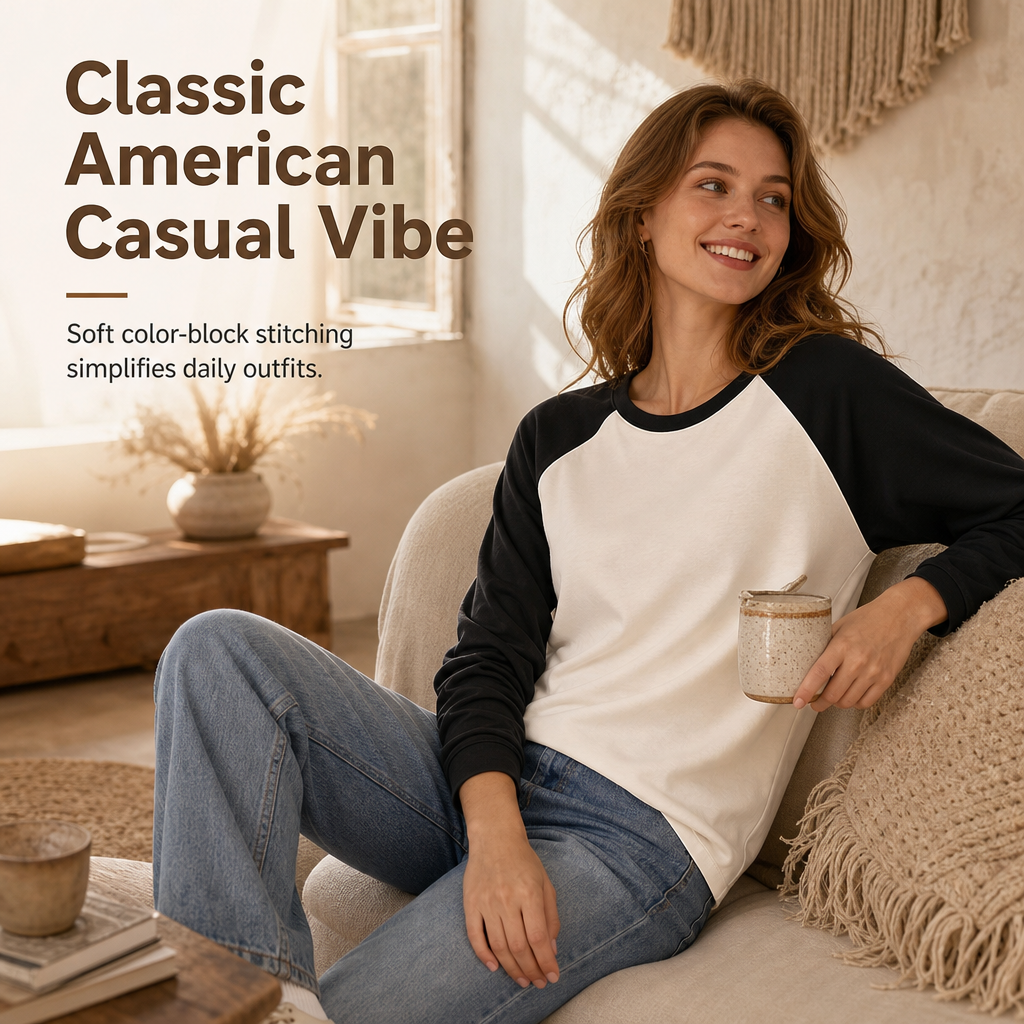 Women's Casual Loose Crew Neck Long Sleeve T-Shirt Color Block Pullover Top