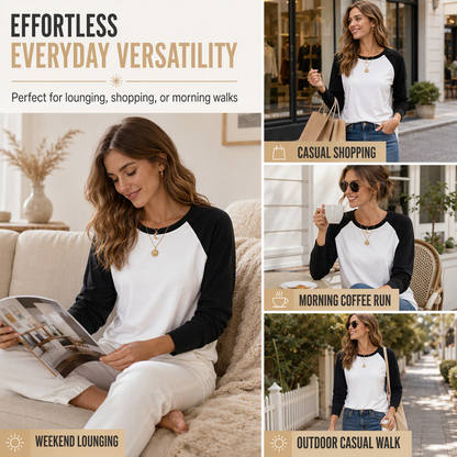 Women's Casual Loose Crew Neck Long Sleeve T-Shirt Color Block Pullover Top