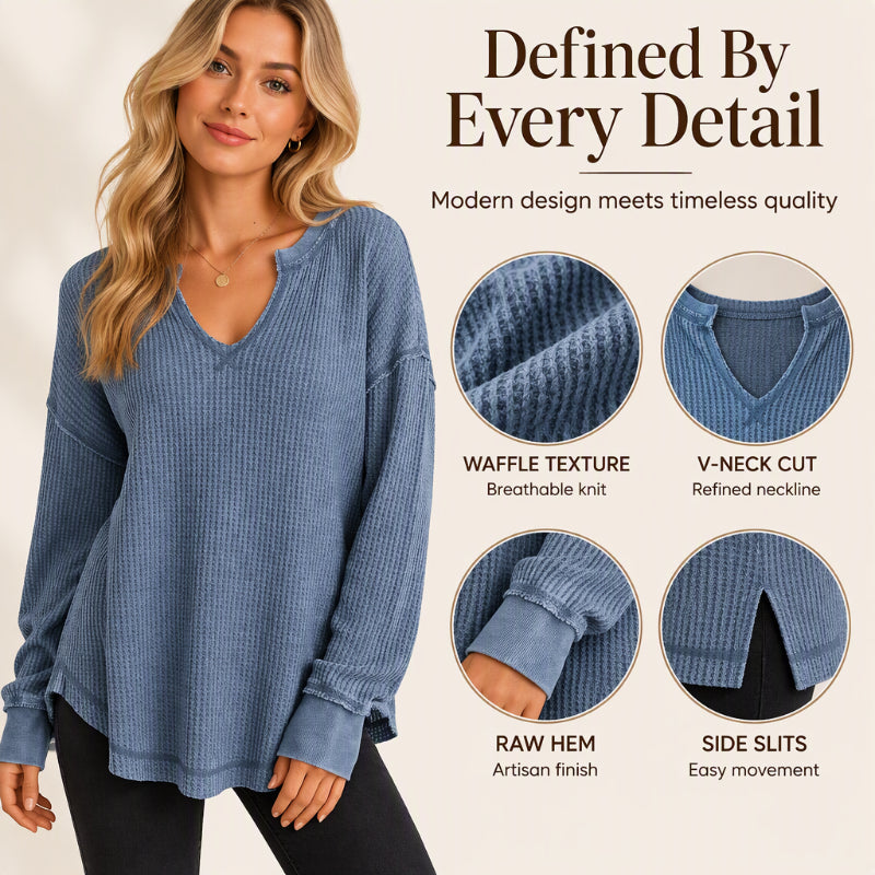 Women's Waffle Knit Long Sleeve V-Neck Top
