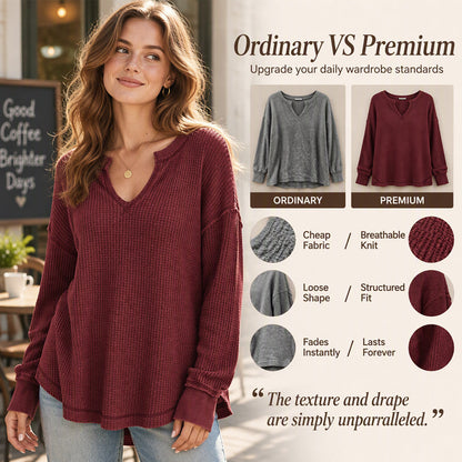 Women's Waffle Knit Long Sleeve V-Neck Top