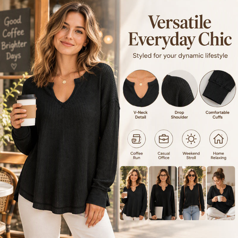 Women's Waffle Knit Long Sleeve V-Neck Top