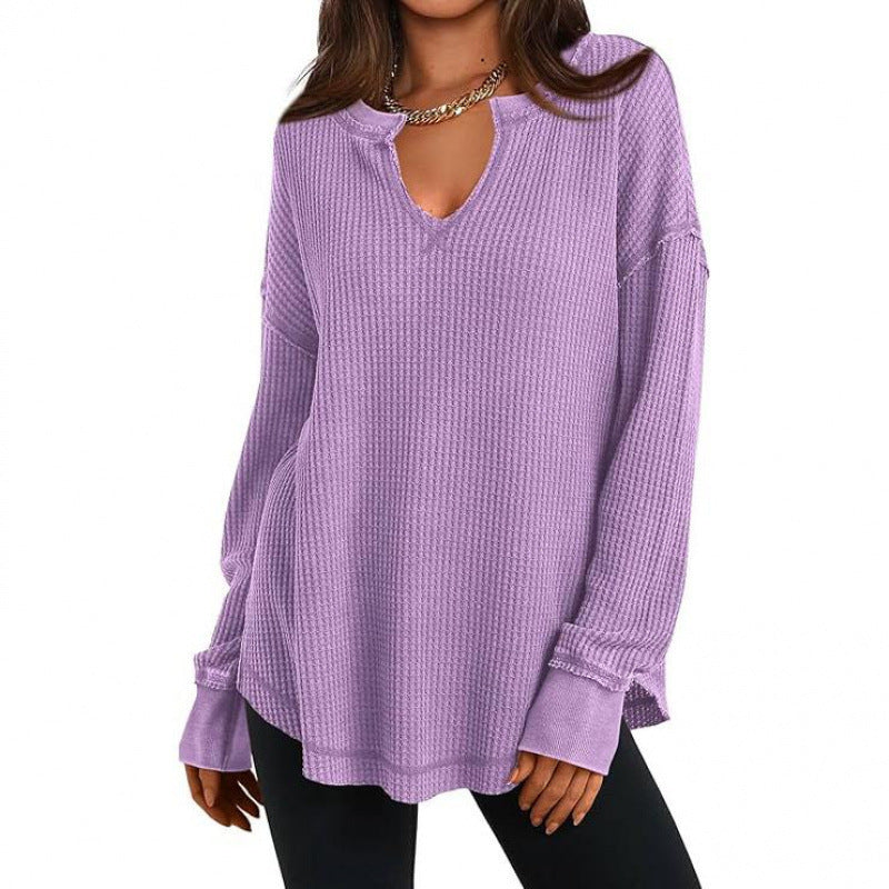 Women's Waffle Knit Long Sleeve V-Neck Top