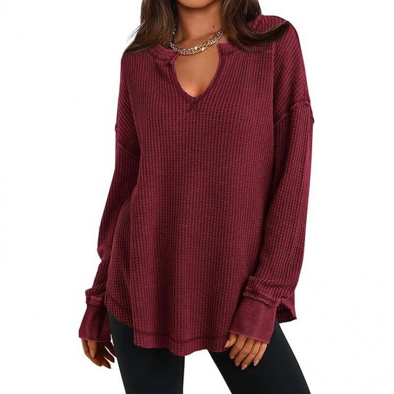 Women's Waffle Knit Long Sleeve V-Neck Top