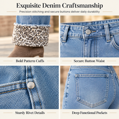 Women's Fashion Casual Washed Stretch Leopard Print Blue Jeans