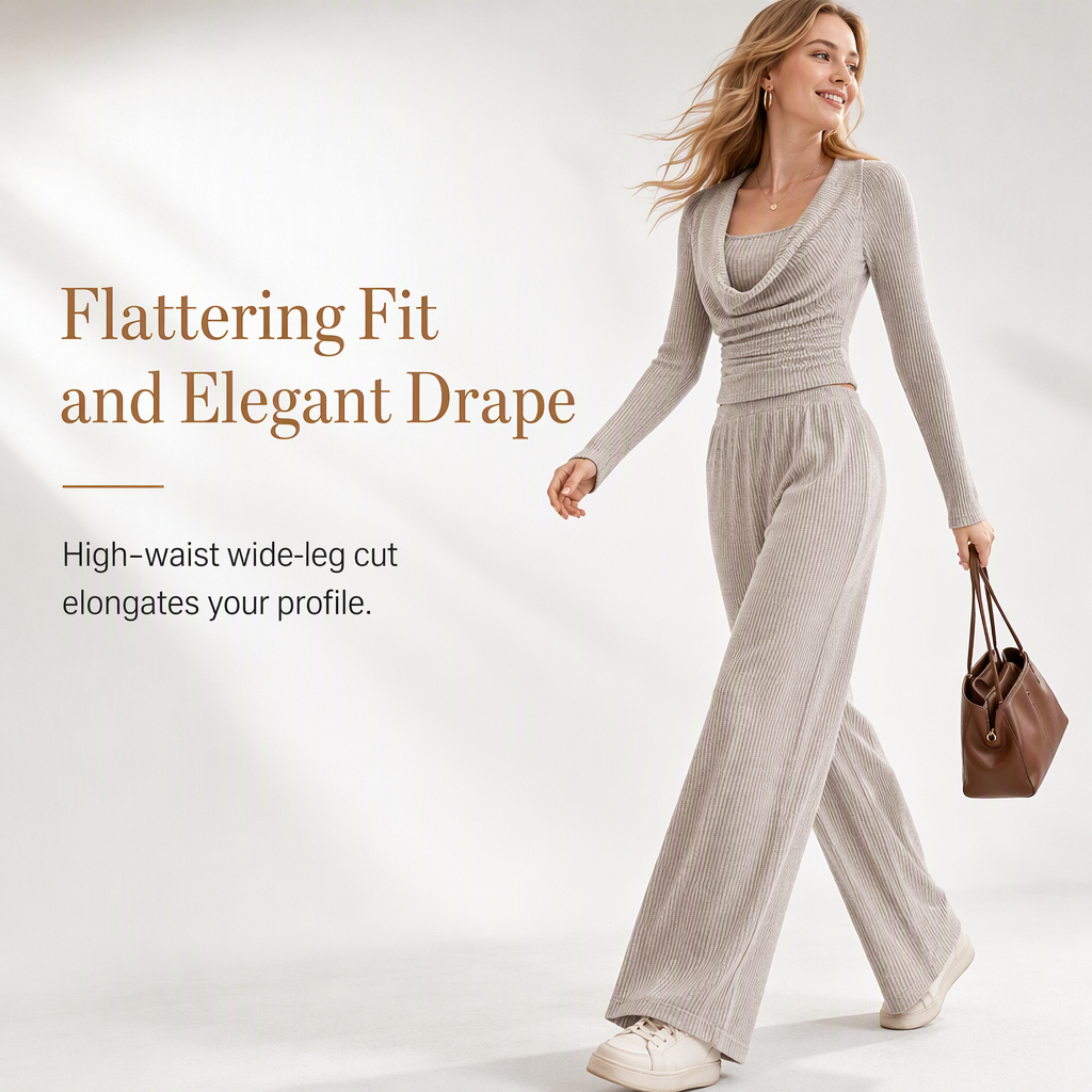 Women's Casual Knitted Two-Piece Set with Long Sleeve Waist-Cinching Top and High-Waisted Wide-Leg Pants