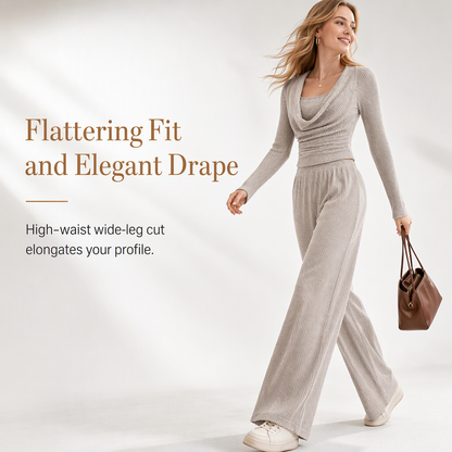 Women's Casual Knitted Two-Piece Set with Long Sleeve Waist-Cinching Top and High-Waisted Wide-Leg Pants