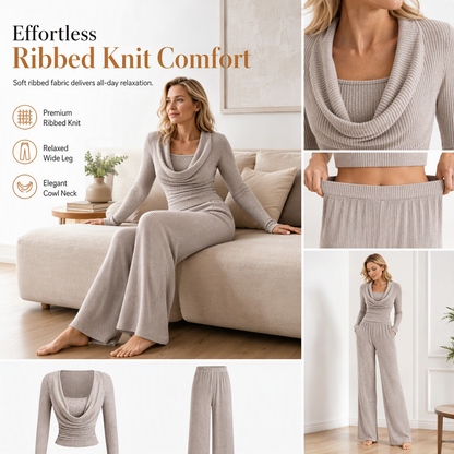 Women's Casual Knitted Two-Piece Set with Long Sleeve Waist-Cinching Top and High-Waisted Wide-Leg Pants