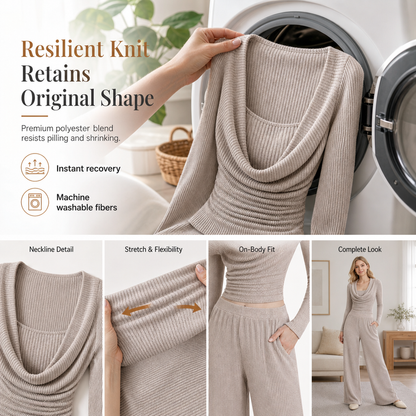 Women's Casual Knitted Two-Piece Set with Long Sleeve Waist-Cinching Top and High-Waisted Wide-Leg Pants