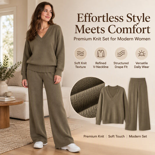 🎀 Women's Knit V-Neck Sweater & Wide-Leg Pants Set