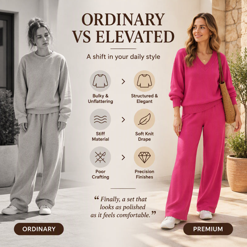 🎀 Women's Knit V-Neck Sweater & Wide-Leg Pants Set