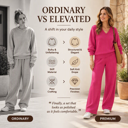 🎀 Women's Knit V-Neck Sweater & Wide-Leg Pants Set