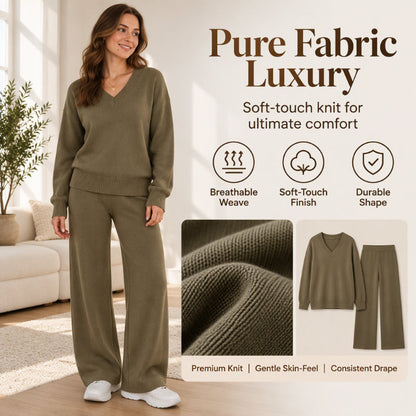 🎀 Women's Knit V-Neck Sweater & Wide-Leg Pants Set