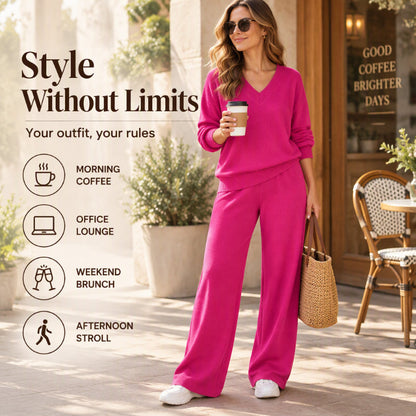 🎀 Women's Knit V-Neck Sweater & Wide-Leg Pants Set