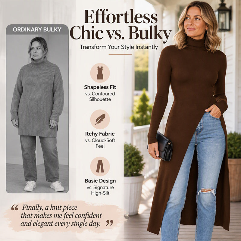 💖 Women's Turtleneck High Split Knit Tunic