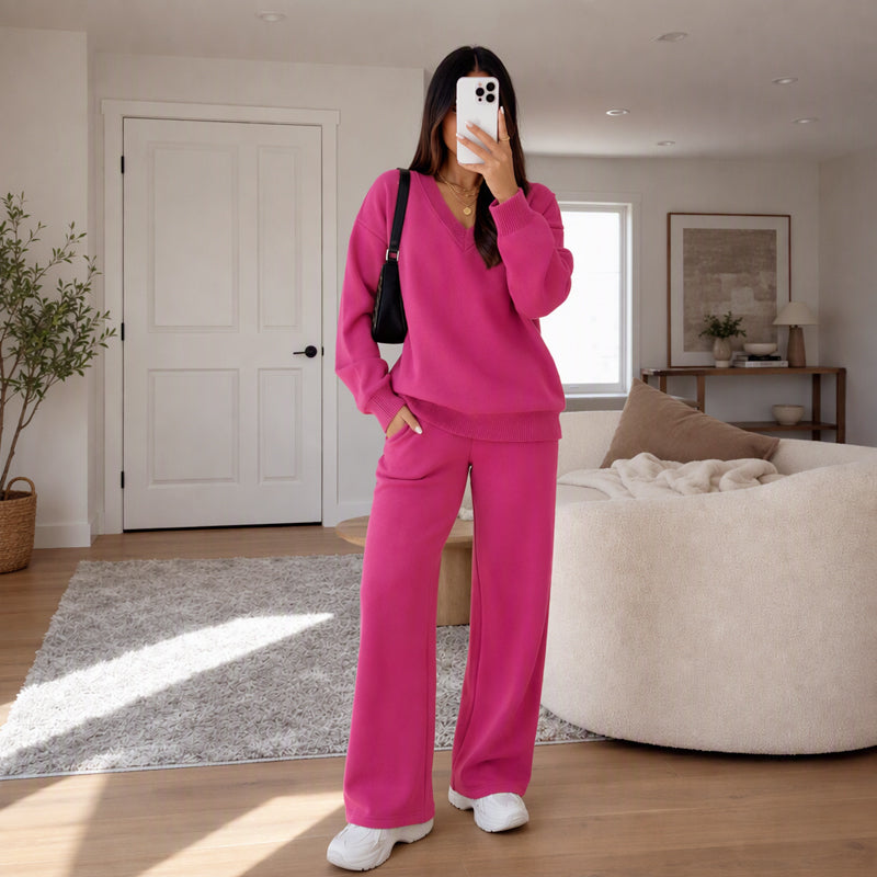 🎀 Women's Knit V-Neck Sweater & Wide-Leg Pants Set