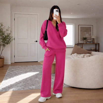 🎀 Women's Knit V-Neck Sweater & Wide-Leg Pants Set