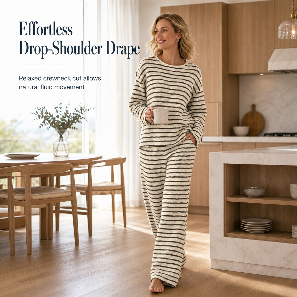 Women Casual Loose Striped Long Sleeve Crew Neck Top and Drawstring Pants Loungewear Set