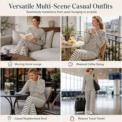 Women Casual Loose Striped Long Sleeve Crew Neck Top and Drawstring Pants Loungewear Set