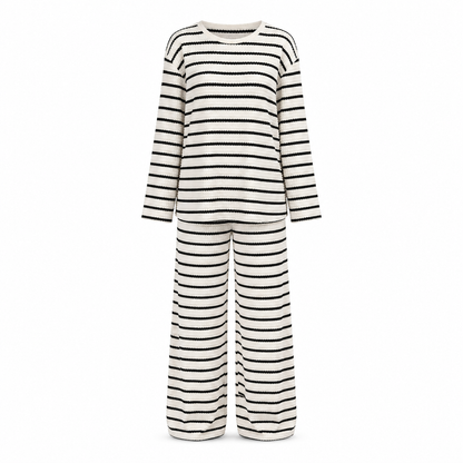 Women Casual Loose Striped Long Sleeve Crew Neck Top and Drawstring Pants Loungewear Set